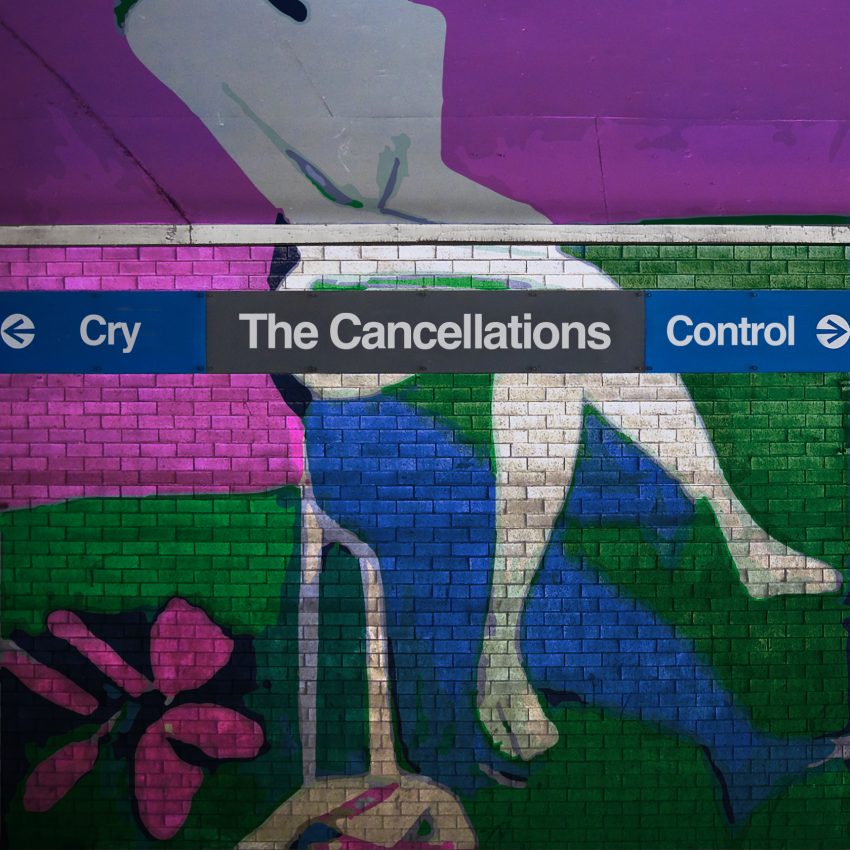 A Chicago subway station with superimposed graffiti art of an abstract woman sitting in pinks, blues and white. The subway sign reads "Cry, The Cancellations, Control"