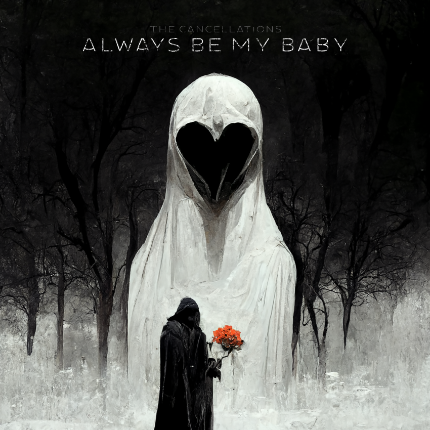 Album Cover: a grim reaper stands in a white field with dark trees, holding an orange flower bouquet. Behind the reaper is another, larger reaper in white, whose empty face is the shape of a heart. Text at the top reads: "The Cancellations / Always Be My Baby"