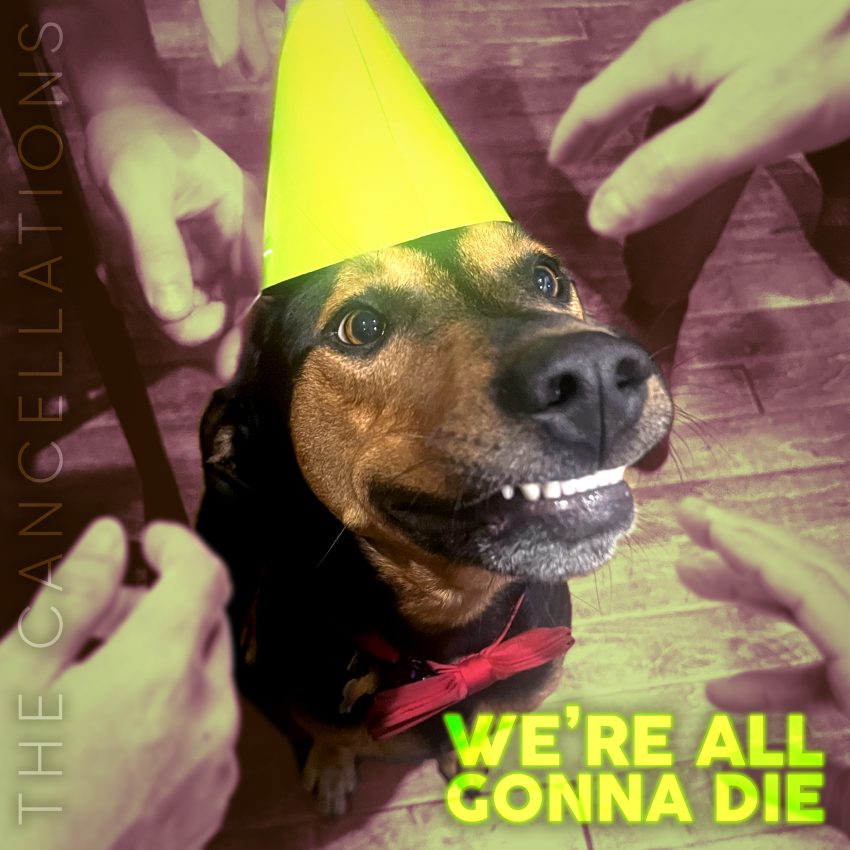 The cover at for The Cancellations' single "We're All Gonna Die." It features a smiling black-and-tan dog wearing a bright yellow party hat and a red bowtie.