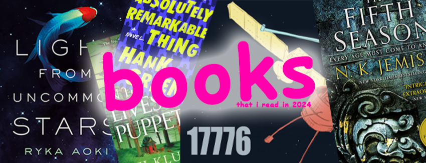 A haphazard collage of Ellie's favorite book covers of the year, with the text "books that i read in 2024" in pink comic sans font, of course